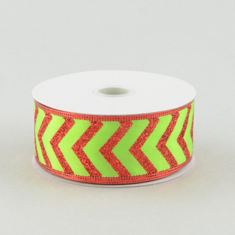 1.5" Glitter Satin Chevron Stripe Ribbon: Lime Green & Red (10 Yards)
