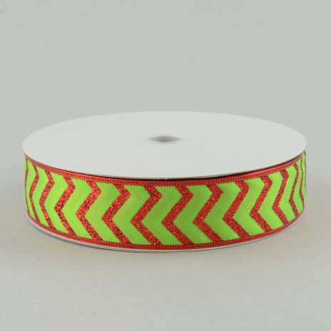 1.5" Lime Green & Red Chevron Stripe Ribbon (50 Yards)
