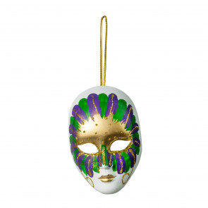 4" White Mardi Gras Mask Ornament: Feather Burst
