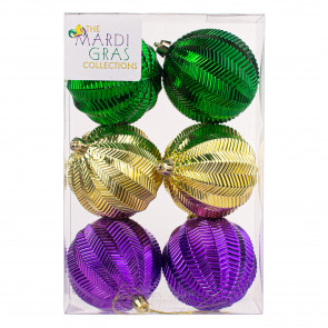3" Round Stripped Ornaments: Purple, Green, Gold (6)