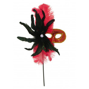 Red & Black Flower Feather Stick Mask