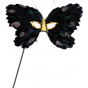 Black & Gold Butterfly Feather Mask on Stick