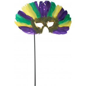 Spotted Mardi Gras Feather Stick Mask