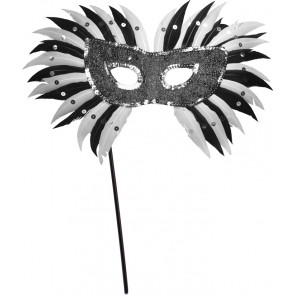 Black & White Burst Feather Mask on Stick