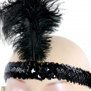 Black Sequin Flapper Headband with Feather