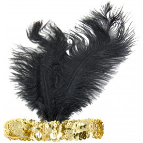 Gold Sequin Flapper Headband with Black Feather