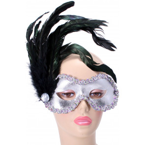 Satin, Feathers & Lace Mask: Silver