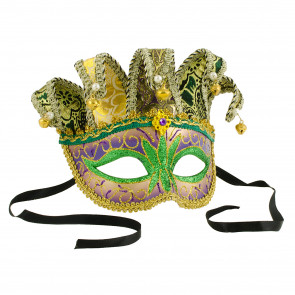 Brocade Fabric Crown Jester Mask: Gold, Purple, Green