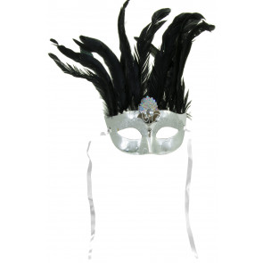 Metallic Feather Topped Mask: Silver
