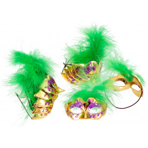 Mini Gold Half Face Mask With Green Feathers (Set of 12)