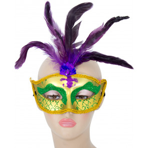 Gold Glitter Fancy Mask With Purple Feathers