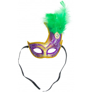 Gold & Purple Flame Topped Half Mask: Green Feathers