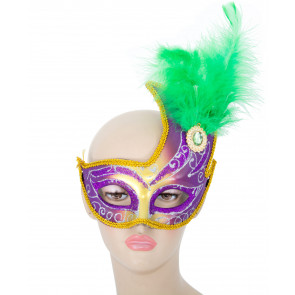 Gold & Purple Flame Topped Half Mask: Green Feathers