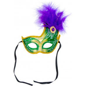 Gold & Green Flame Topped Half Mask: Purple Feathers