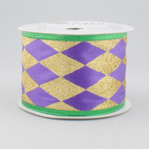 2.5" Mardi Gras Glitter Satin Harlequin Ribbon: Purple, Gold and Green (10 Yards) 