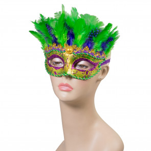 Glitter Mardi Gras Feather Mask Geometric: Gold