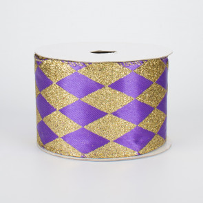 2.5" Harlequin Glitter Satin Ribbon: Purple & Gold (10 Yards)