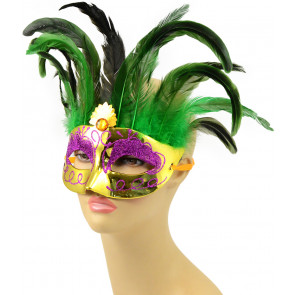 Metallic Feather Topped Mask: Mardi Gras Gold