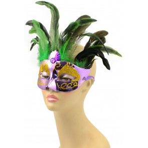Metallic Feather Topped Mask: Mardi Gras Purple