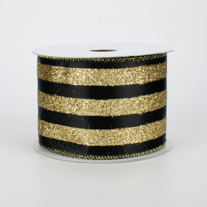 2.5" Black With Gold Glitter Stripe Satin Ribbon