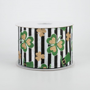 2.5" St. Patrick's Clovers & Hats Stripe Ribbon: White (10 Yards)