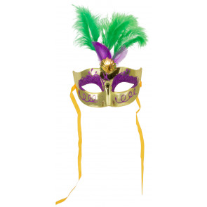 Metallic Glitter Feather Mask: Mardi Gras Gold