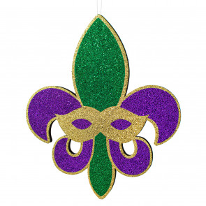 20" Glitter Fleur de Lis With Mask Hanger: Purple, Green, Gold
