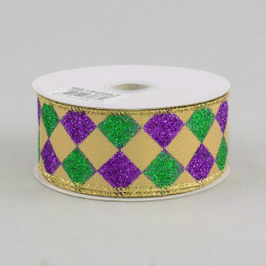 1.5" Harlequin Glitter Diamond Ribbon: Purple, Green & Gold (10 Yards)