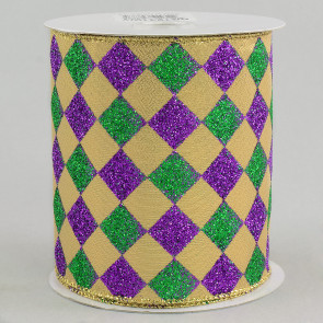 4"Harlequin Glitter Diamond Ribbon: Purple, Green & Gold (10 Yards)