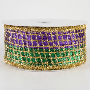 2.5" Tinsel Mesh on Metallic Ribbon: Purple, Green, Gold (10 Yards)