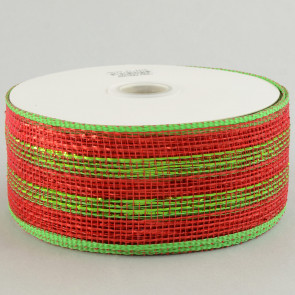 2.5" Poly Deco Mesh Ribbon: Metallic Red/Lime Stripe